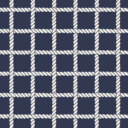 Marine rope line seamless pattern. Endless navy illustration with white rope ornament, crossing cord strokes on dark blue background. Trendy textured backdrop. Vector for fabric, wallpaper, wrapping.のイラスト素材