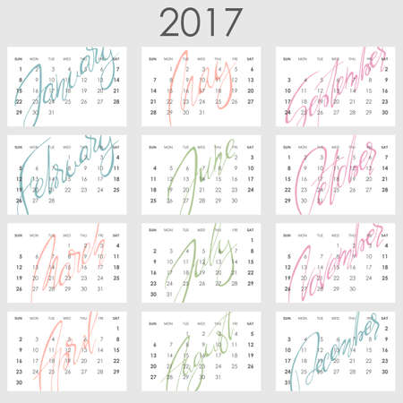 Calendar 2017 - Vector template. Creative artistic monthly calendar with hand lettering. Simply design on white. For planners and organizers - 4 x 6 inches month background. Weeks starts sundayのイラスト素材