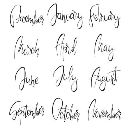 Months handwritten modern calligraphy. 12 ink black hand lettering with names of the months isolated on white background. Handwritten elements for calendars, planners and organizers.のイラスト素材