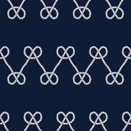 Seamless nautical rope pattern. Endless navy illustration with white loop ornament, overhand marine knots on dark blue backdrop. Trendy maritime style background. For fabric, wallpaper, wrappingのイラスト素材