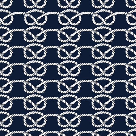 Seamless nautical rope pattern. Endless navy illustration with white loop ornament, overhand marine knots on dark blue backdrop. Trendy maritime style background. For fabric, wallpaper, wrappingのイラスト素材