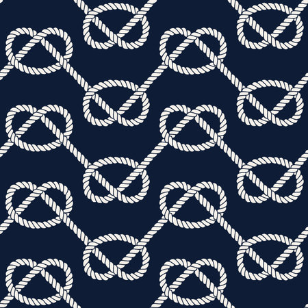 Seamless nautical rope pattern. Endless navy illustration with white loop ornament, overhand marine knots on dark blue backdrop. Trendy maritime style background. For fabric, wallpaper, wrappingのイラスト素材