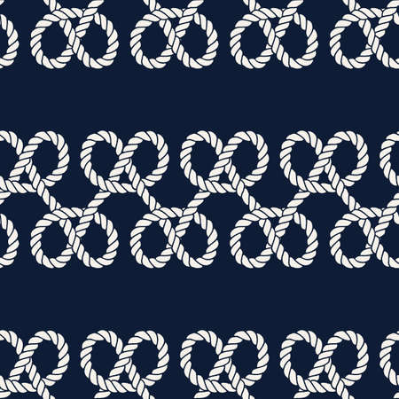 Seamless nautical rope pattern. Endless navy illustration with white loop ornament, overhand marine knots on dark blue backdrop. Trendy maritime style background. For fabric, wallpaper, wrappingのイラスト素材