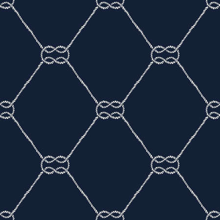 Seamless nautical rope pattern. Endless navy illustration with white loop ornament. Marine square knots on dark blue backdrop. Trendy maritime style background. For fabric, wallpaper, wrappingのイラスト素材