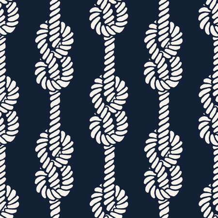 Seamless nautical rope pattern. Endless navy illustration with white loop ornament. Marine figure eight knots on dark blue backdrop. Trendy maritime style background. For fabric, wallpaper, wrappingのイラスト素材