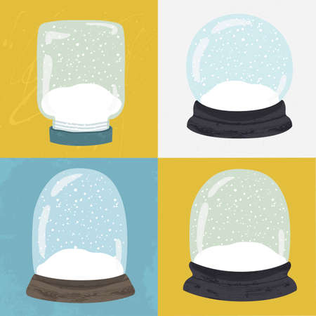 Set of 4 illustrations with cute handdrawn snow globe. Decorative vector clipart element. Empty glass balls with wood base on textured background. Fully editable christmas template in trendy colorsのイラスト素材