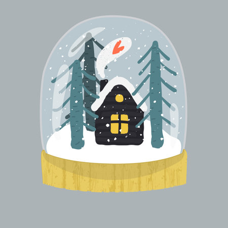 Decorative illustration of handdrawn snow globe. Bright glass ball with cute house and fir trees in wood base isolated on gray background. Fully editable christmas vector clipart in trendy colorsのイラスト素材