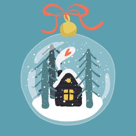 Decorative illustration of handdrawn snow globe. Bright glass ball with cute house and fir trees isolated on blue background. Fully editable christmas vector clipart in trendy colorsのイラスト素材