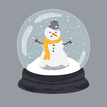 Decorative illustration of handdrawn snow globe. Bright glass ball with cute snowman in wood base isolated on grey background. Fully editable christmas vector clipart in trendy colorsのイラスト素材
