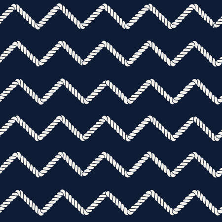 Marine rope line seamless pattern. Endless navy illustration with beige rope ornament, horizontal cord chevron on dark blue background. Trendy textured backdrop. Vector for fabric, wallpaper, wrappingのイラスト素材