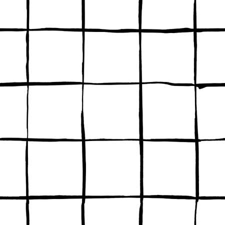 Trendy handdrawn checkered seamless pattern. Messy striped endless ornament with black hand painted strokes on white background. Stylish vector design for fabric, wallpaper, wrappingのイラスト素材
