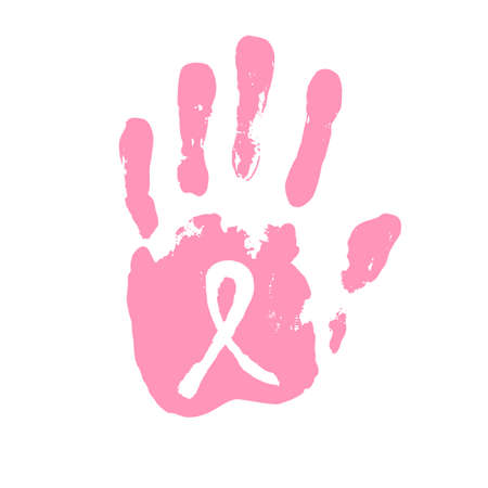 Breast cancer awareness month - conceptual poster. Template with handdrawn messy pink ribbon in white hand print. Vector illustration for support card or bannerのイラスト素材