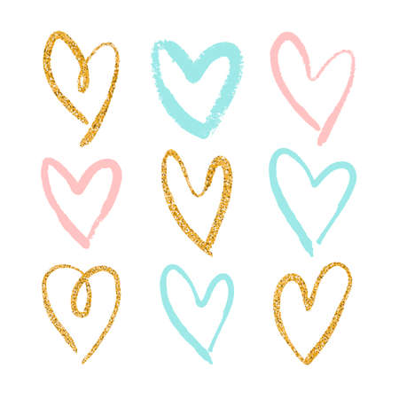 Set of 9 decorative hearts. Hand drawn colorful messy shapes isolated on white background. Stylish vector design elements for valentines day, wedding or logo creation.のイラスト素材