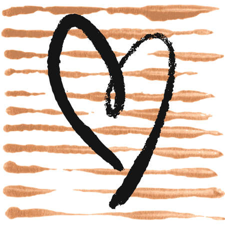 Romantic poster with handdrawn heart. Black messy shape on Gold paint striped background. Vector Decorative illustration for Valentines day or weddingのイラスト素材