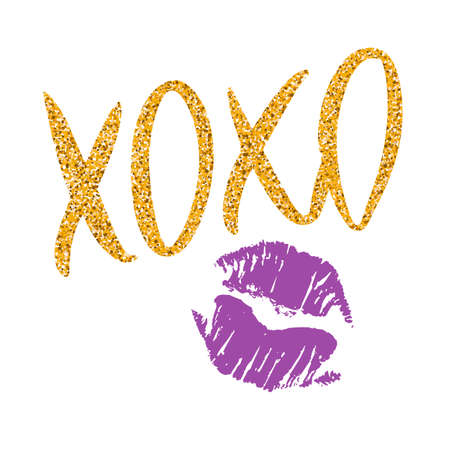 Romantic poster with handdrawn lettering. Modern ink calligraphy. Handwritten gold glitter phrase XOXO and ultraviolet lipstick kiss isolated on white. Vector design for Valentines Day or weddingのイラスト素材