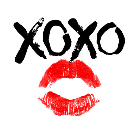 Romantic poster with handdrawn lettering. Modern ink calligraphy. Handwritten black phrase XOXO and red realistic lipstick imprint isolated on white. Trendy vector design for Valentines Day or weddingのイラスト素材