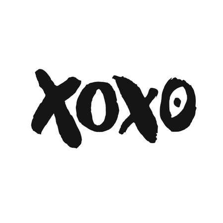 Romantic decorative poster with handdrawn lettering. Modern ink calligraphy. Handwritten rough black phrase XOXO isolated on white background. Trendy vector design for Valentines Day or weddingのイラスト素材
