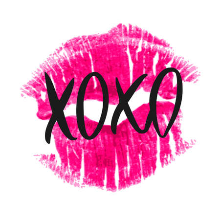 Romantic poster with handdrawn lettering. Modern ink calligraphy. Handwritten phrase XOXO and fuchsia realistic lipstick imprint isolated on white. Trendy vector design for Valentines Day or weddingのイラスト素材