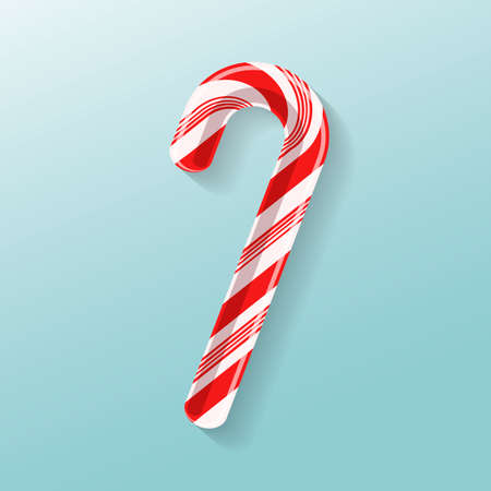 Poster with candy cane lollipop. Red and white glossy realistic sweet with shadow isolated on spearmint color gradient background. Vector design for icon, logo or brandingのイラスト素材