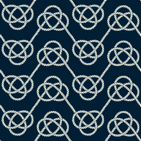 Seamless nautical rope pattern. Endless navy illustration with light cords ornament. Marine zigzag loops on dark blue backdrop. Trendy maritime style background. For fabric, wallpaper, wrappingのイラスト素材