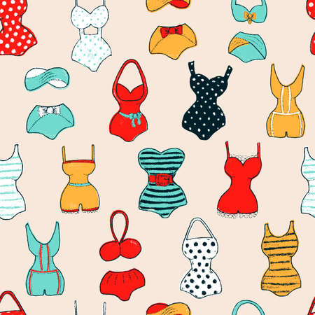 Decorative seamless pattern with swimsuits. Dry brush painted swimwear, trendy texture. Hand drawn endless stylish backdrop. Colorful beachwear on light pink background for fabric, wallpaper, wrappingのイラスト素材