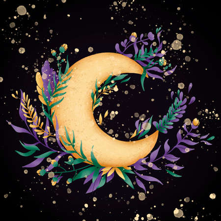 Moon with stars, branches, leaves and flowers. Illustration on a black background. Good for Halloween.の写真素材