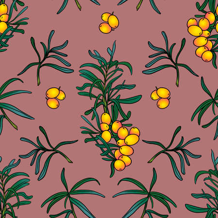 Seamless pattern with sea buckthorn leaves and branches. Background with leaves and yellow berries. Fashionable textile, fabric, packaging. Original seamless pattern.の写真素材