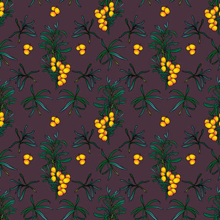 Seamless pattern with sea buckthorn leaves and branches. Background with leaves and yellow berries. Fashionable textile, fabric, packaging.の写真素材