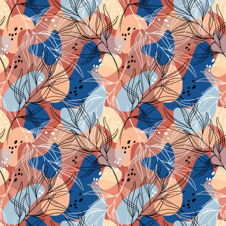 Abstract geometric seamless pattern with circles, spots and leaves. Trendy texture background. Modern abstract design for paper, fabric, interior decoration and other users. Seamless pattern.の写真素材