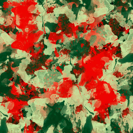 Seamless green red with black watercolor pattern. Abstract background and texture. Fashionable textile, fabric, packaging.の写真素材