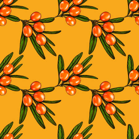 Seamless pattern with berries and branches of sea buckthorn. Sea buckthorn on a yellow background. Fashionable textile, fabric, packaging. Original seamless pattern.の写真素材