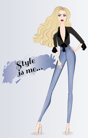 Stylish fashionable blond girl in jeans and shirtのイラスト素材