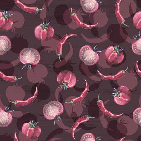 Seamless hand drawn pattern with tomatoes, slices, halves and cherry tomatoes. Natural background for textiles, banner, wrapping paper and other and designs. hand drawn illustrationの写真素材
