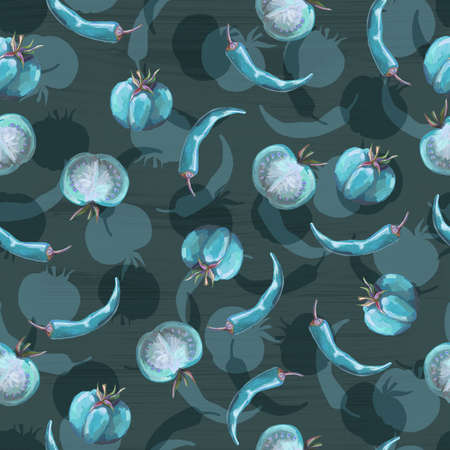 Seamless hand drawn pattern with tomatoes, slices, halves and cherry tomatoes. Natural background for textiles, banner, wrapping paper and other and designs. hand drawn illustrationの写真素材