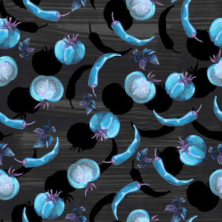 Seamless hand drawn pattern with tomatoes, slices, halves and cherry tomatoes. Natural background for textiles, banner, wrapping paper and other and designs. hand drawn illustrationの写真素材