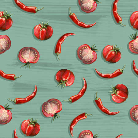 Seamless hand drawn pattern with tomatoes, slices, halves and cherry tomatoes. Natural background for textiles, banner, wrapping paper and other and designs. hand drawn illustrationの写真素材