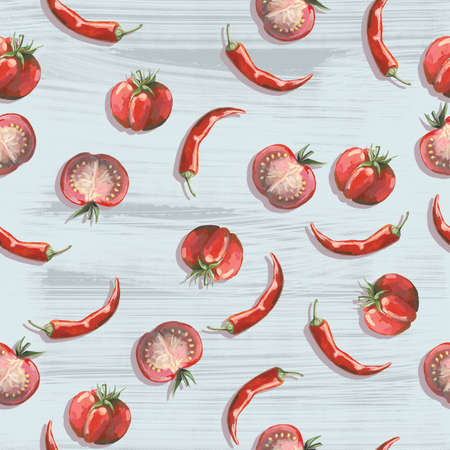 Seamless hand drawn pattern with tomatoes, slices, halves and cherry tomatoes. Natural background for textiles, banner, wrapping paper and other and designs. hand drawn illustrationの写真素材