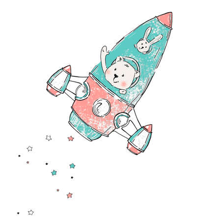 Hand drawn color children's illustration, poster, print with a cute teddy bear astronaut and a bunny in a rocket on a white background. Cute baby animals. Children's print. astronaut.の写真素材