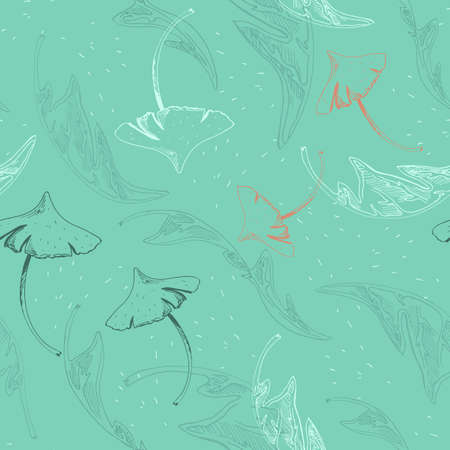 Hand drawn with mushrooms in orange, beige, brown and green colors on a mint background. Illustration in a rustic style with autumn forest plants.の写真素材