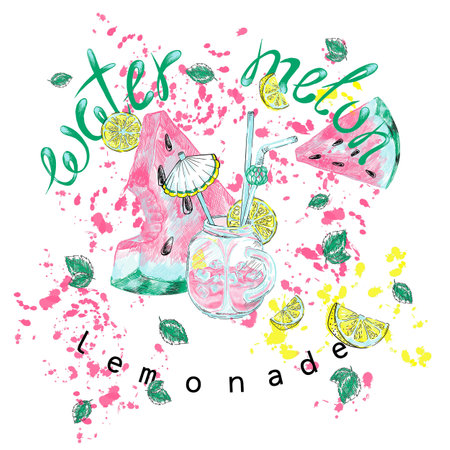 Watermelon lemonade with lemon and mint. Pieces of watermelon. glass water bottle. Homemade lemonade. isolated on whoteの写真素材