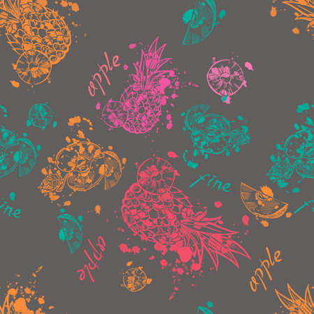 Colorful pineapples seamless pattern with rainbow fruits and color splashes. Repetitive exotic background with colorful summer motifs and splash paint.の写真素材
