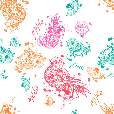 Colorful pineapples seamless pattern with rainbow fruits and color splashes. Repetitive exotic background with colorful summer motifs and splash paint.の写真素材