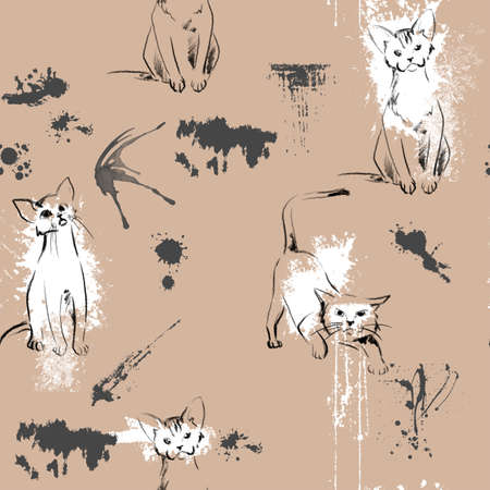 Seamless summer pattern with cat. Template for poster, textile, wrapping paper, wallpaperの写真素材