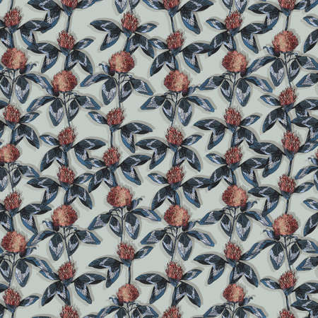 Clover leaf and flowers hand drawn seamless pattern graphic illustration.の写真素材