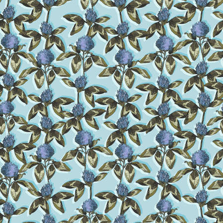 Clover leaf and flowers hand drawn seamless pattern graphic illustration.の写真素材