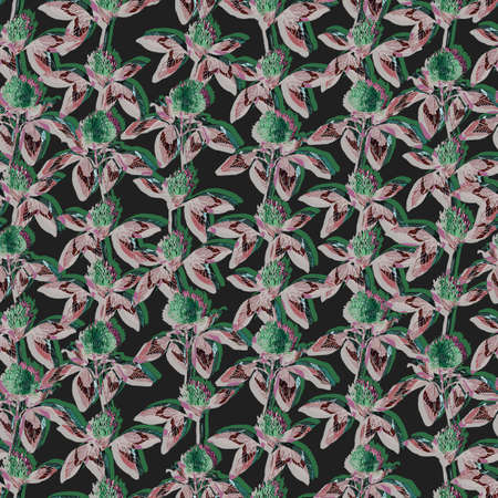 Clover leaf and flowers hand drawn seamless pattern graphic illustration.の写真素材