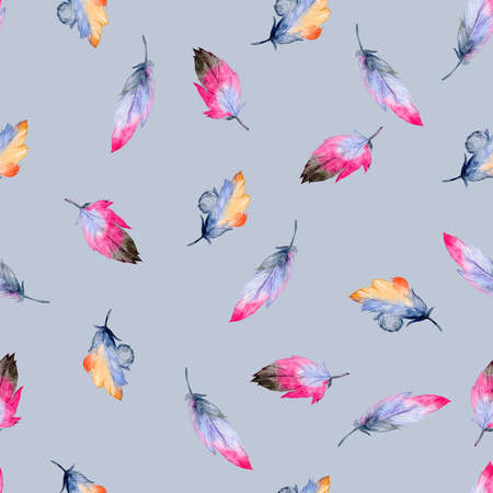 Colorful watercolor feather pattern. Ethnic hand drawn motif for wrapping, wallpaper, fabric, cardsの写真素材