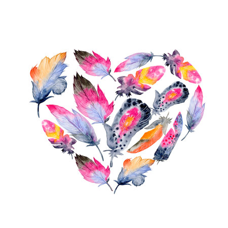 Watercolor vintage heart composition with colorful feathers. Beautiful hand-drawn background for invitations, save the date cards and any design.の写真素材