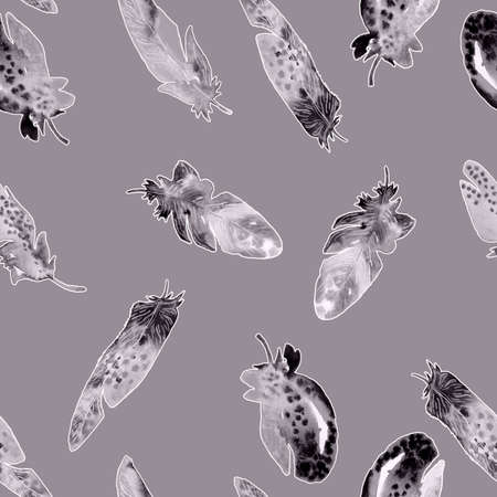 Colorful watercolor feather pattern. Ethnic hand drawn motif for wrapping, wallpaper, fabric, cardsの写真素材