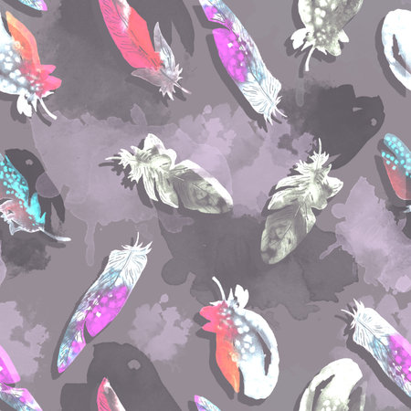 Colorful watercolor feather pattern. Ethnic hand drawn motif for wrapping, wallpaper, fabric, cardsの写真素材